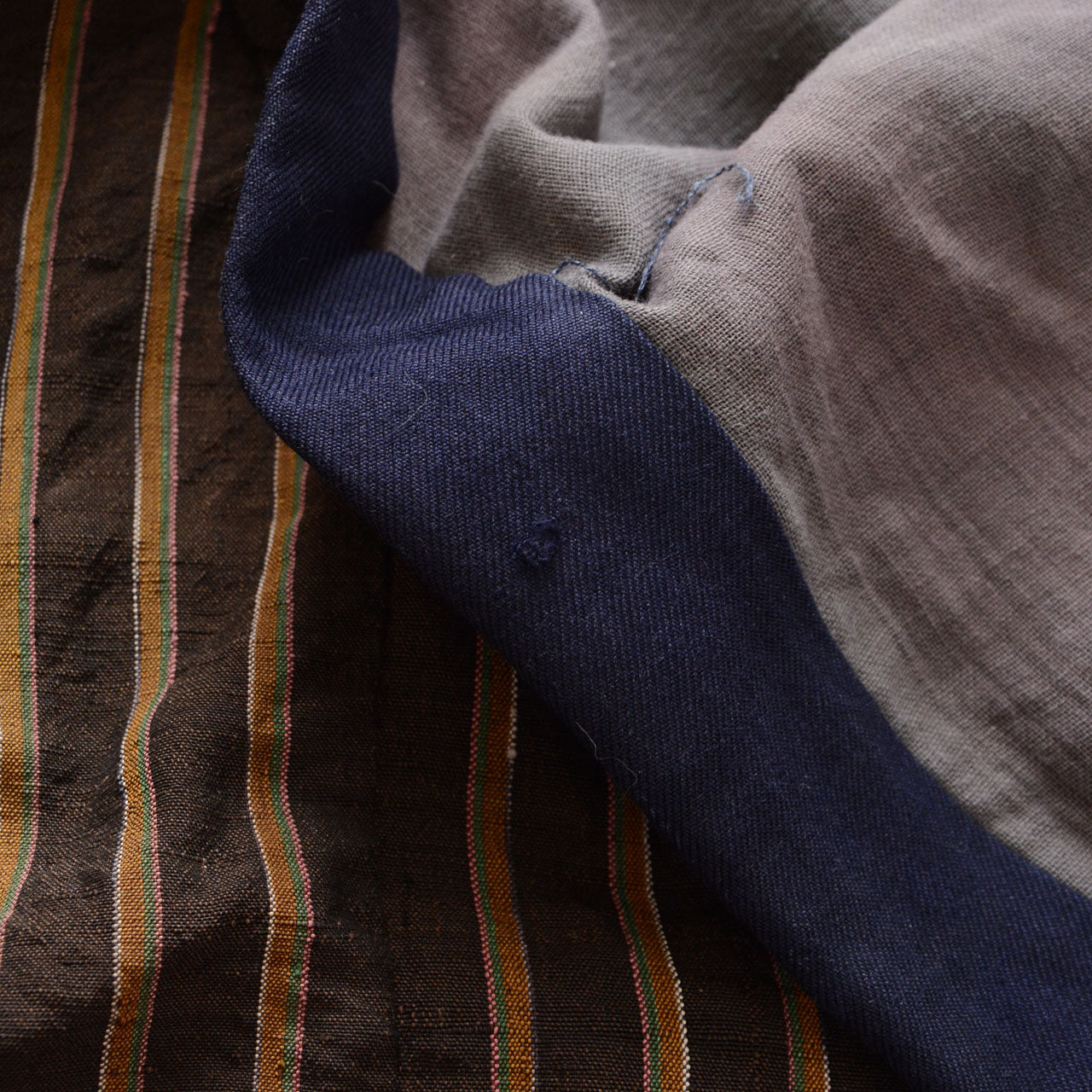 Vintage Japanese noragi jacket, Showa era, navy collar with fraying and fabric damage at edge, condition detail