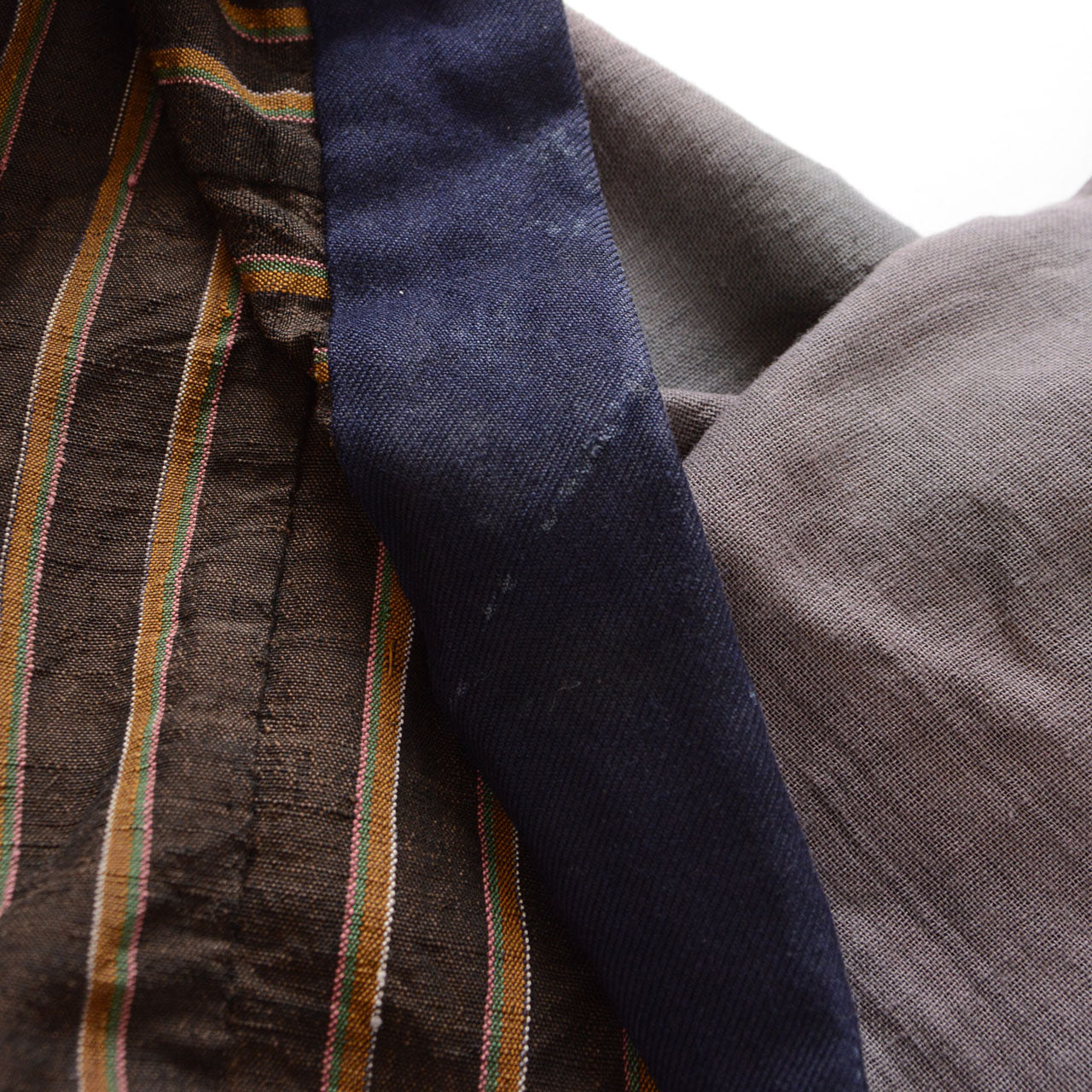 Vintage Japanese noragi jacket, Showa era, navy collar with bleach-like discoloration and uneven fading, condition detail