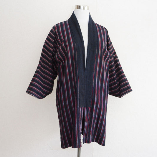 Japanese vintage noragi cotton work jacket with indigo striped fabric