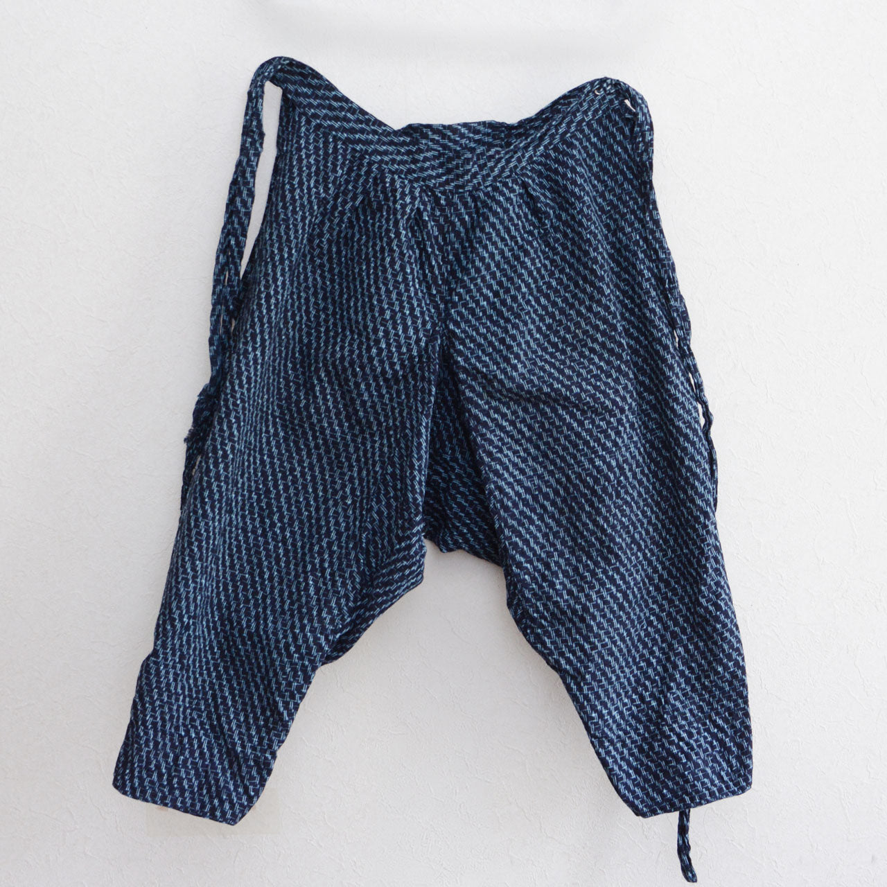 Showa era Japanese monpe pants made of indigo kasuri cotton fabric