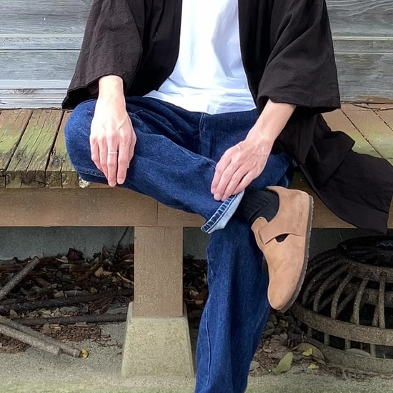 Japanese vintage haori styled on a man at a traditional shrine