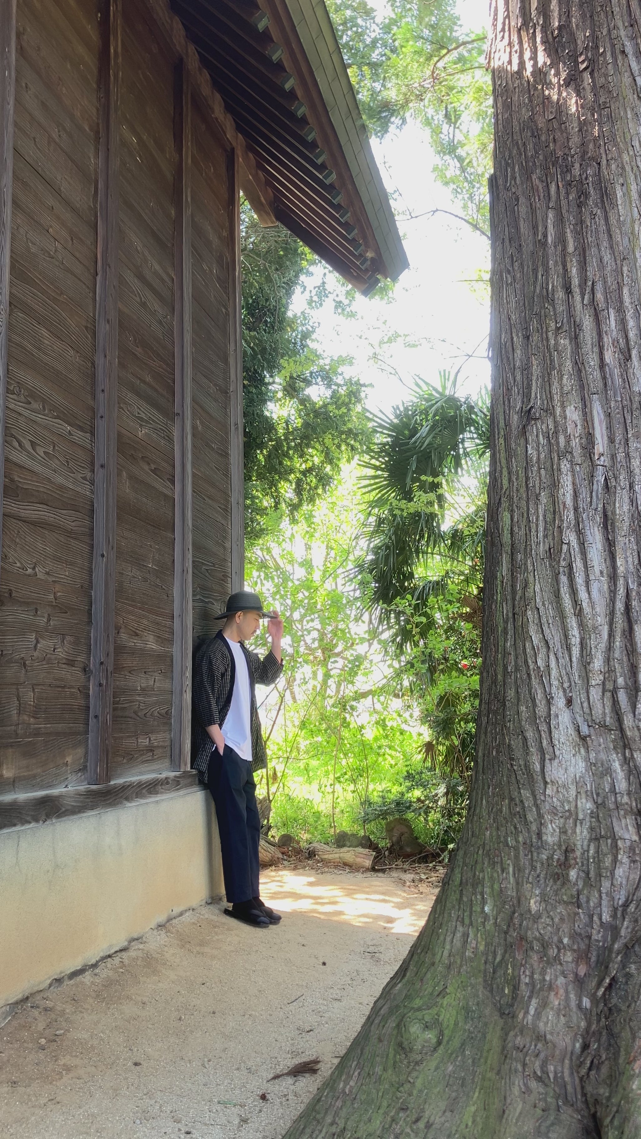 Vintage Japanese noragi, rare plaid cotton, indigo collar, worn at a Shinto shrine, Showa era workwear styled in traditional Japanese setting