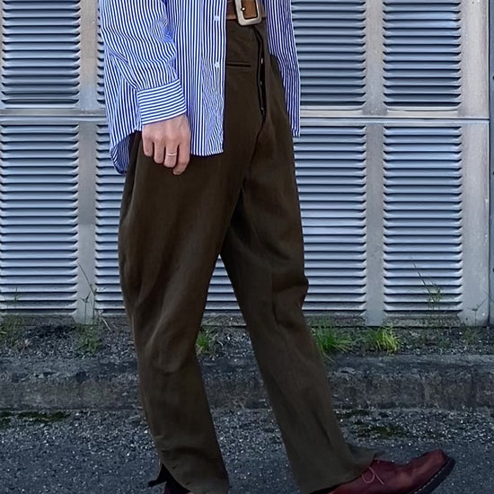 Close-up of rare 1940s tailored jodhpurs showcasing tapered legs and heritage details.