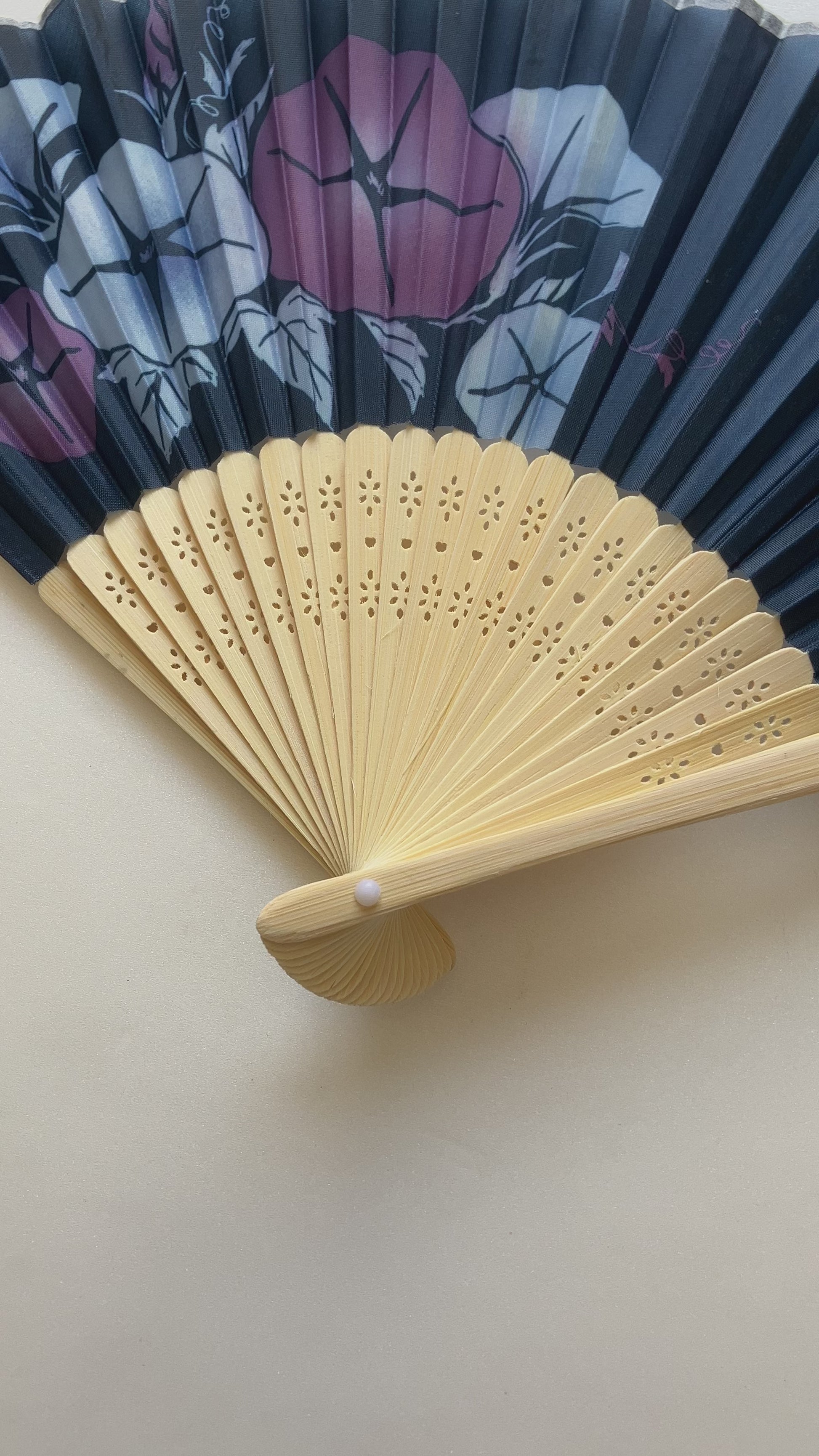 Close-up video of a Japanese folding fan opening to reveal morning glory design
