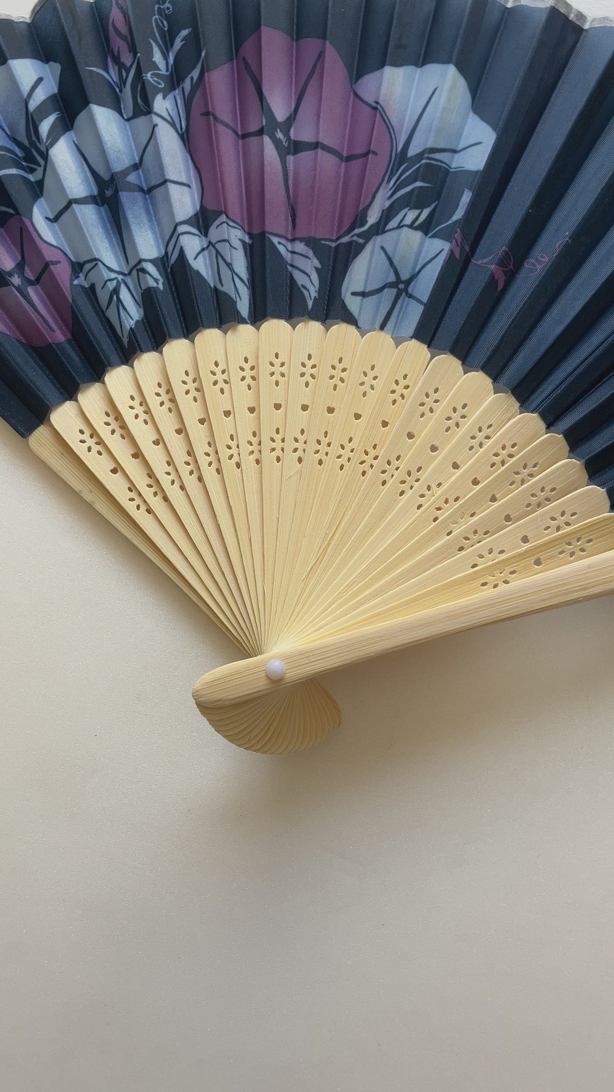 Close-up video of a Japanese folding fan opening to reveal morning glory design