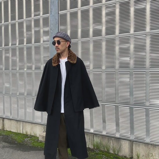 Model wearing 1920s Japanese Tonbi Mantle Inverness Coat, showing cape movement