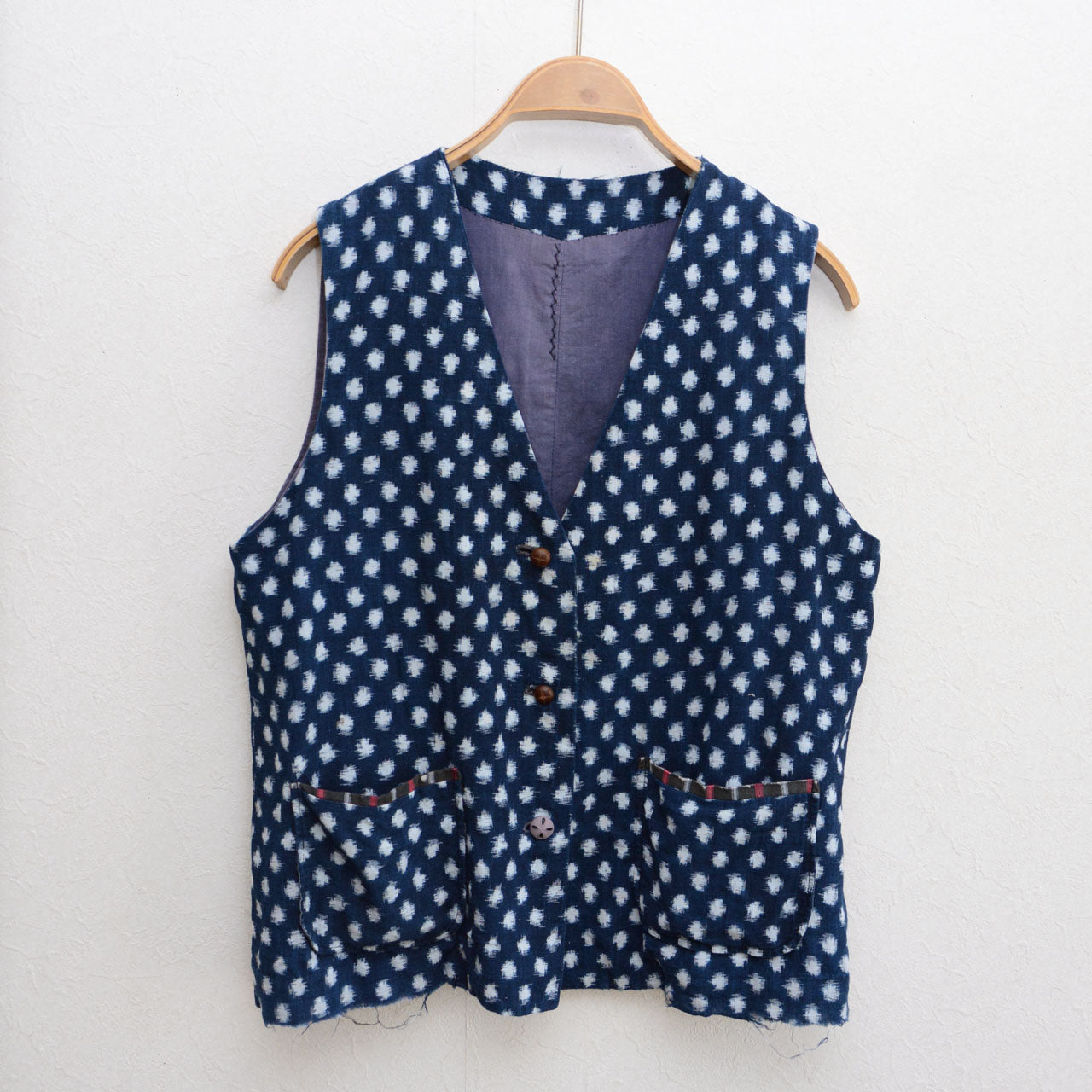 Snow pattern kasuri indigo cotton vest made from vintage Japanese fabric