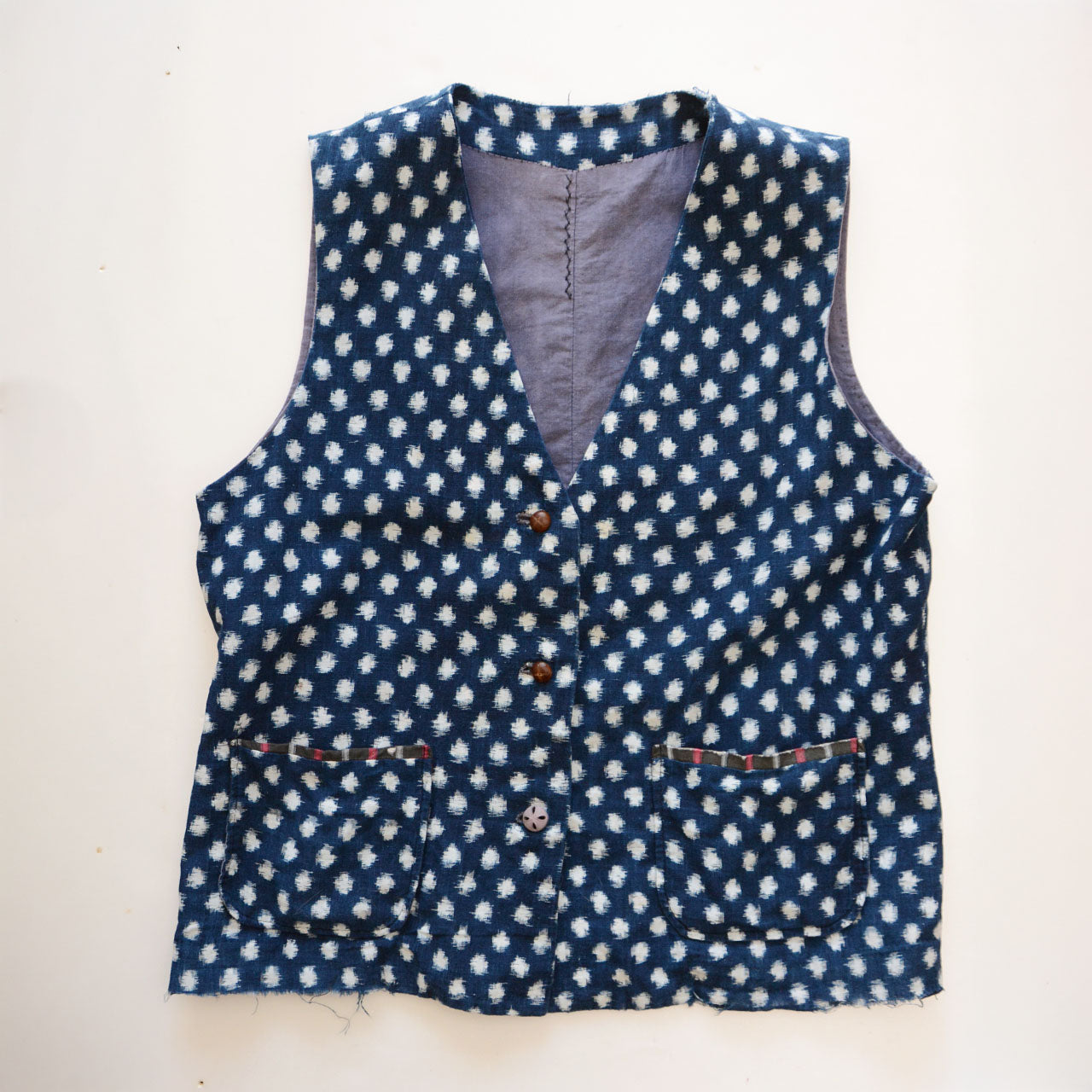 Indigo cotton snow pattern kasuri vest made using vintage Japanese fabric