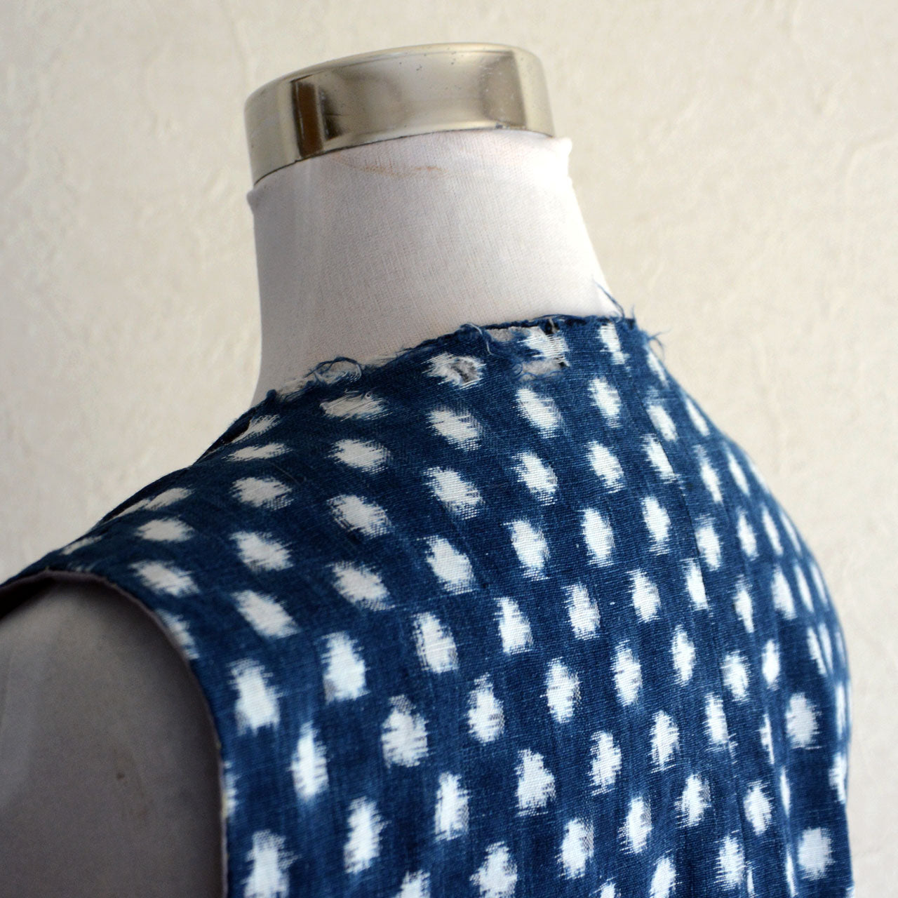 Indigo kasuri snow pattern cotton vest made from vintage Japanese textile