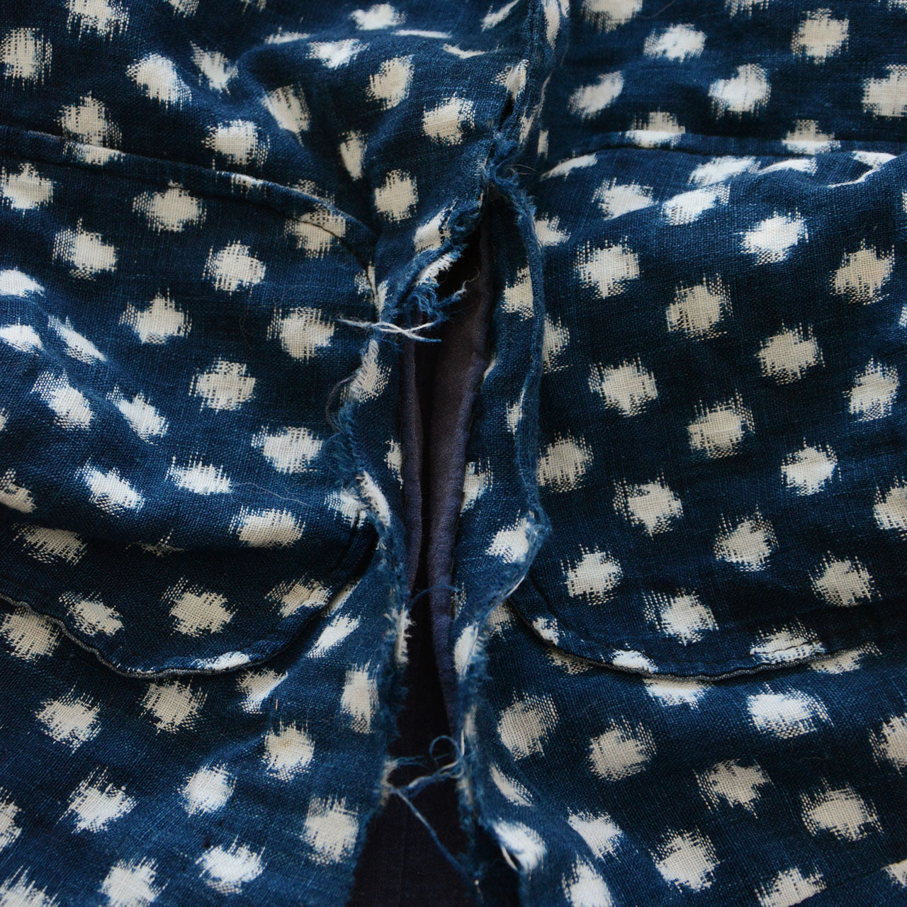Indigo snow pattern kasuri vest made with vintage Japanese cotton fabric