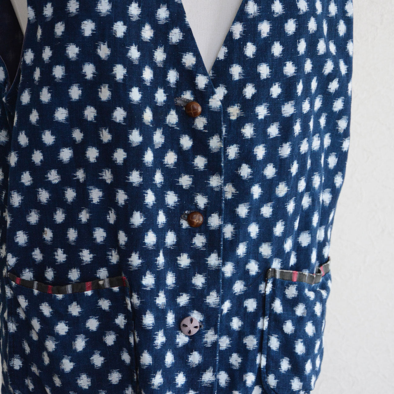 Snow pattern kasuri indigo cotton vest from vintage Japanese textile fabric