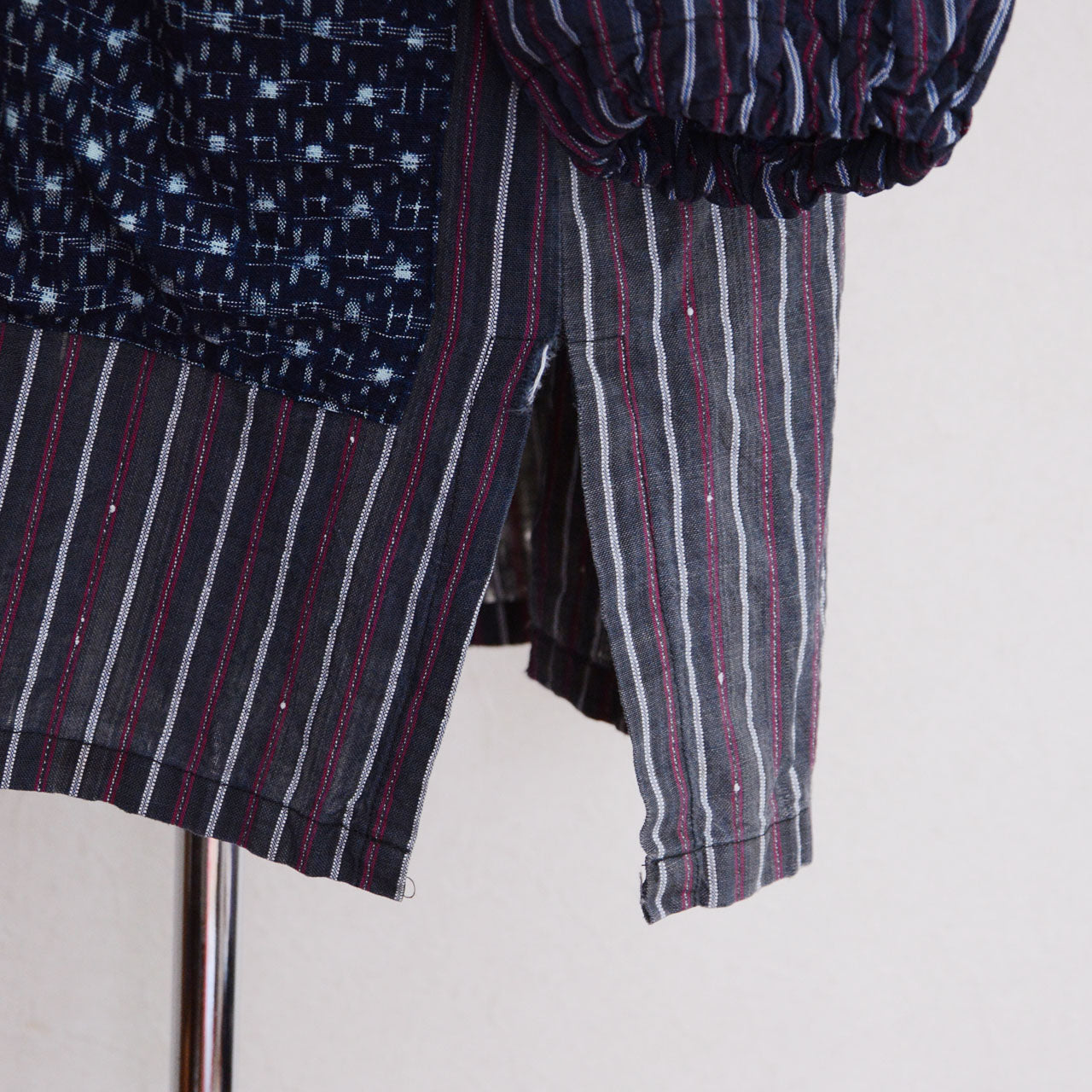 Indigo kasuri pocket and stripe cotton body contrast detail, side slit, vintage Japanese remake tunic