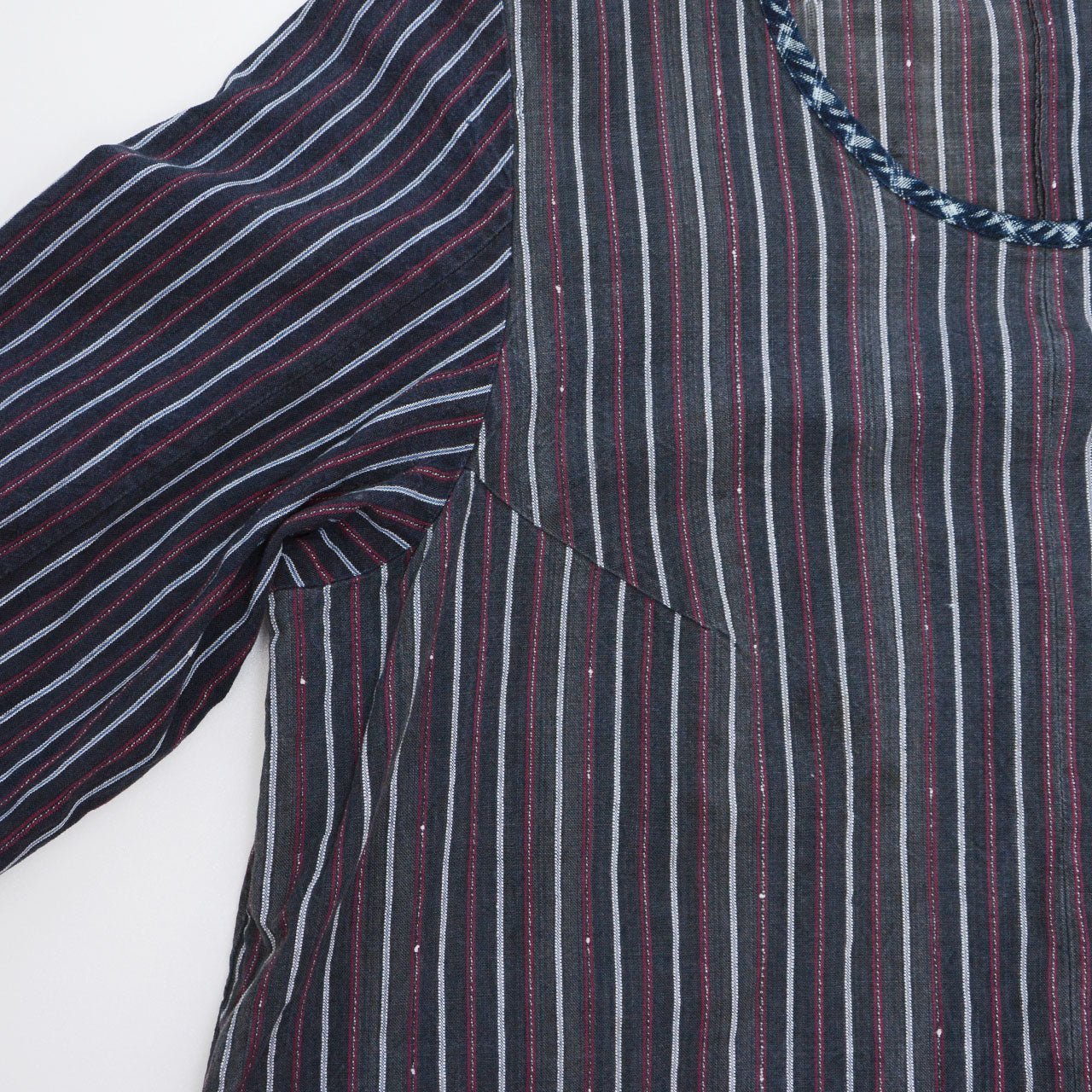 Armhole opening detail on Showa-era stripe cotton tunic, women's cut, vintage Japanese remake