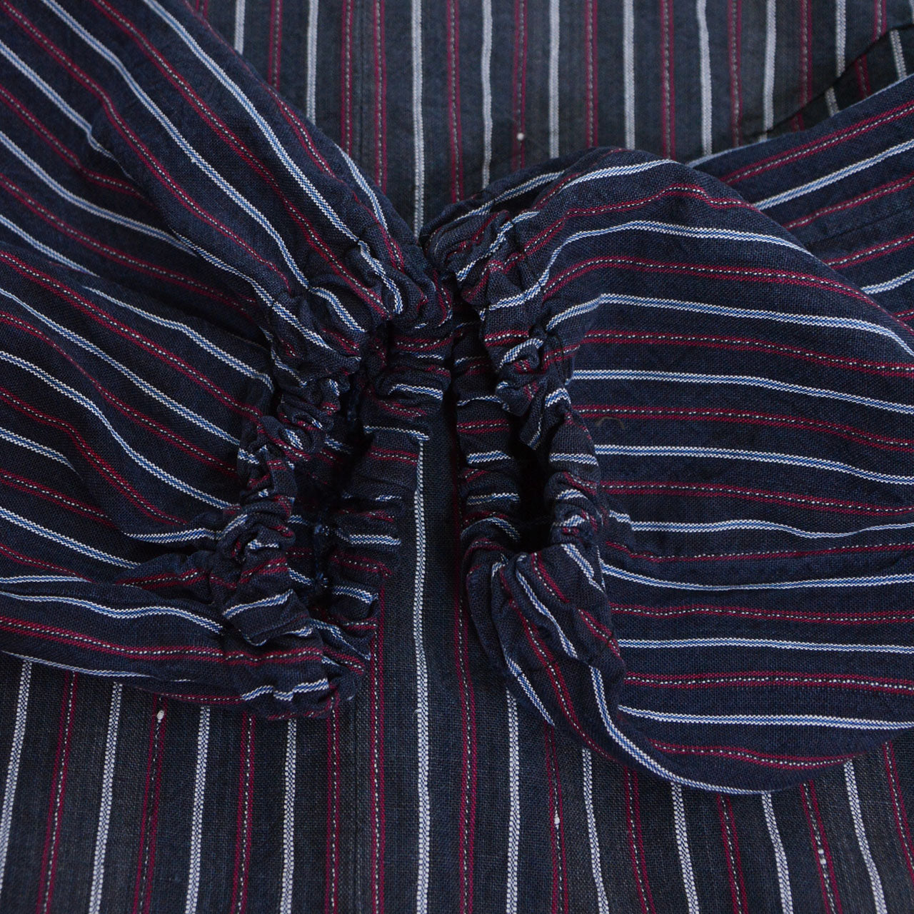 Elasticated cuffs detail on Showa-era dark stripe cotton tunic, vintage Japanese fabric