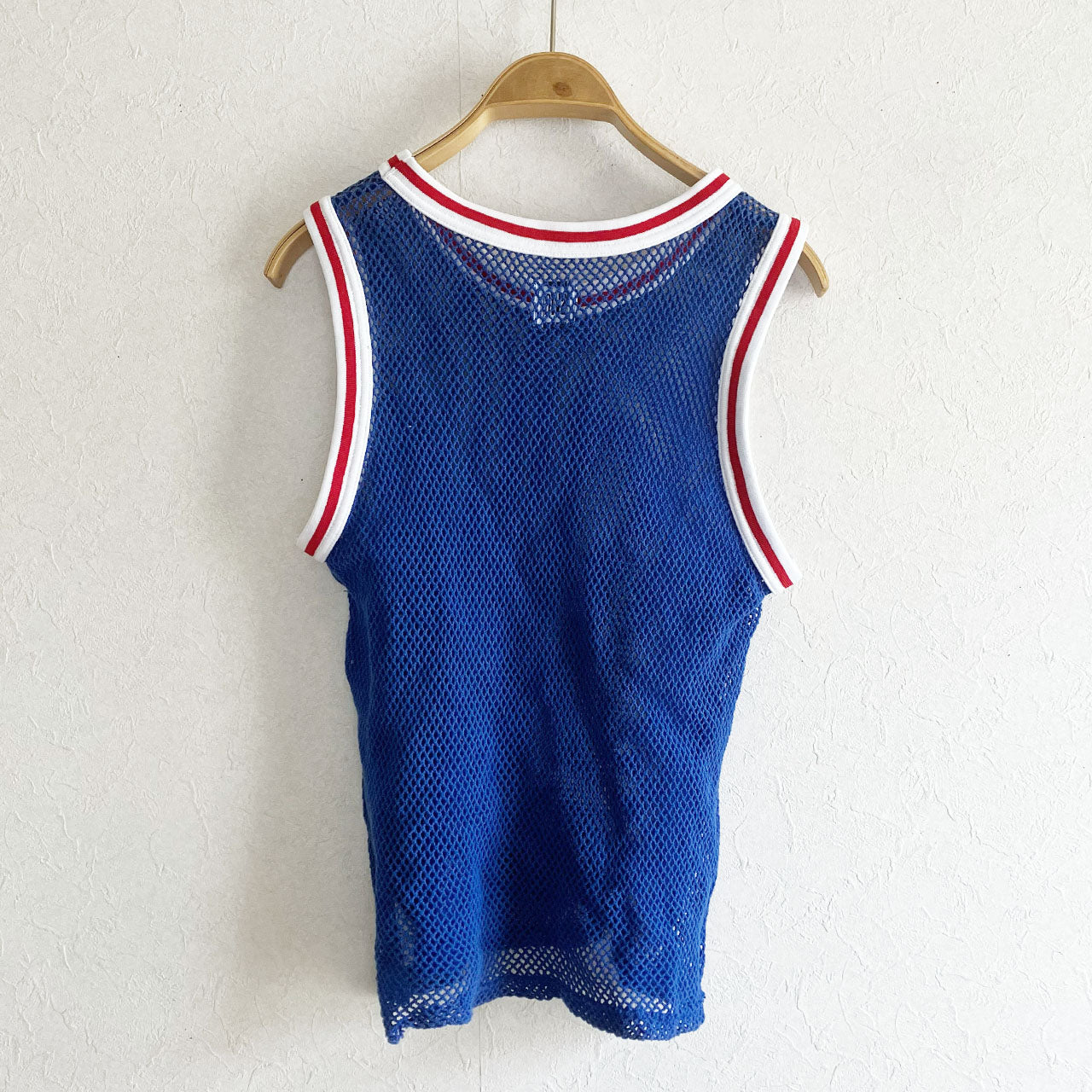 Blue mesh tank top with parody graphic print, Y2K hip-hop style, Japan vintage