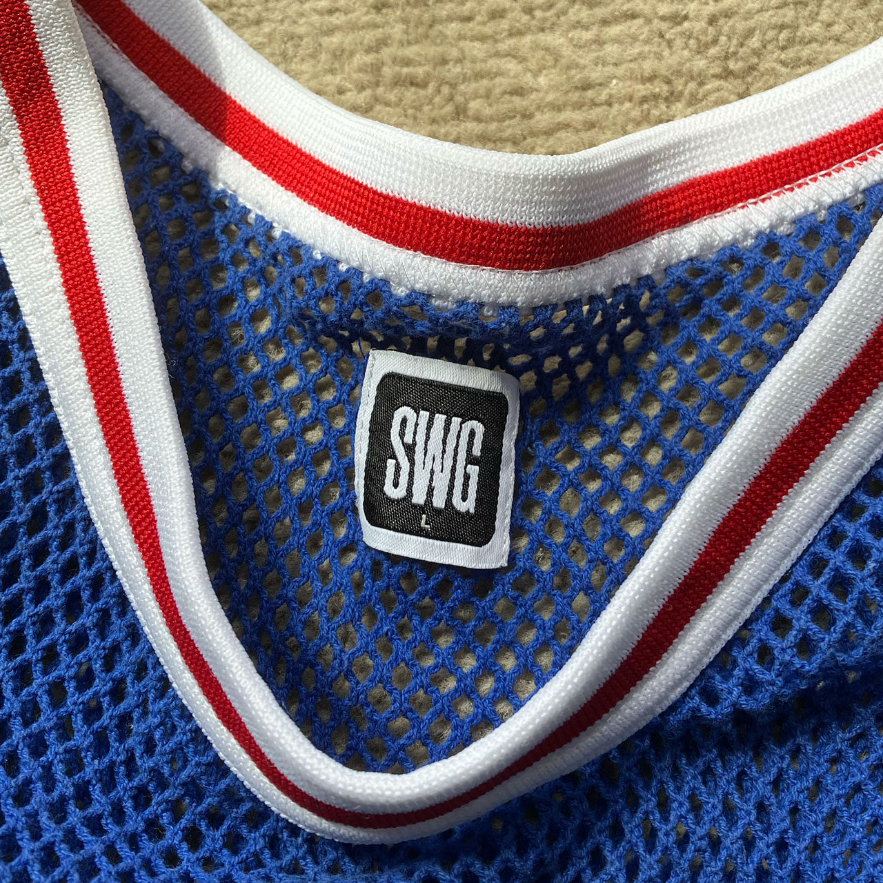 Swagger SWG tag mesh tank top, basketball jersey silhouette, blue, early 2000s