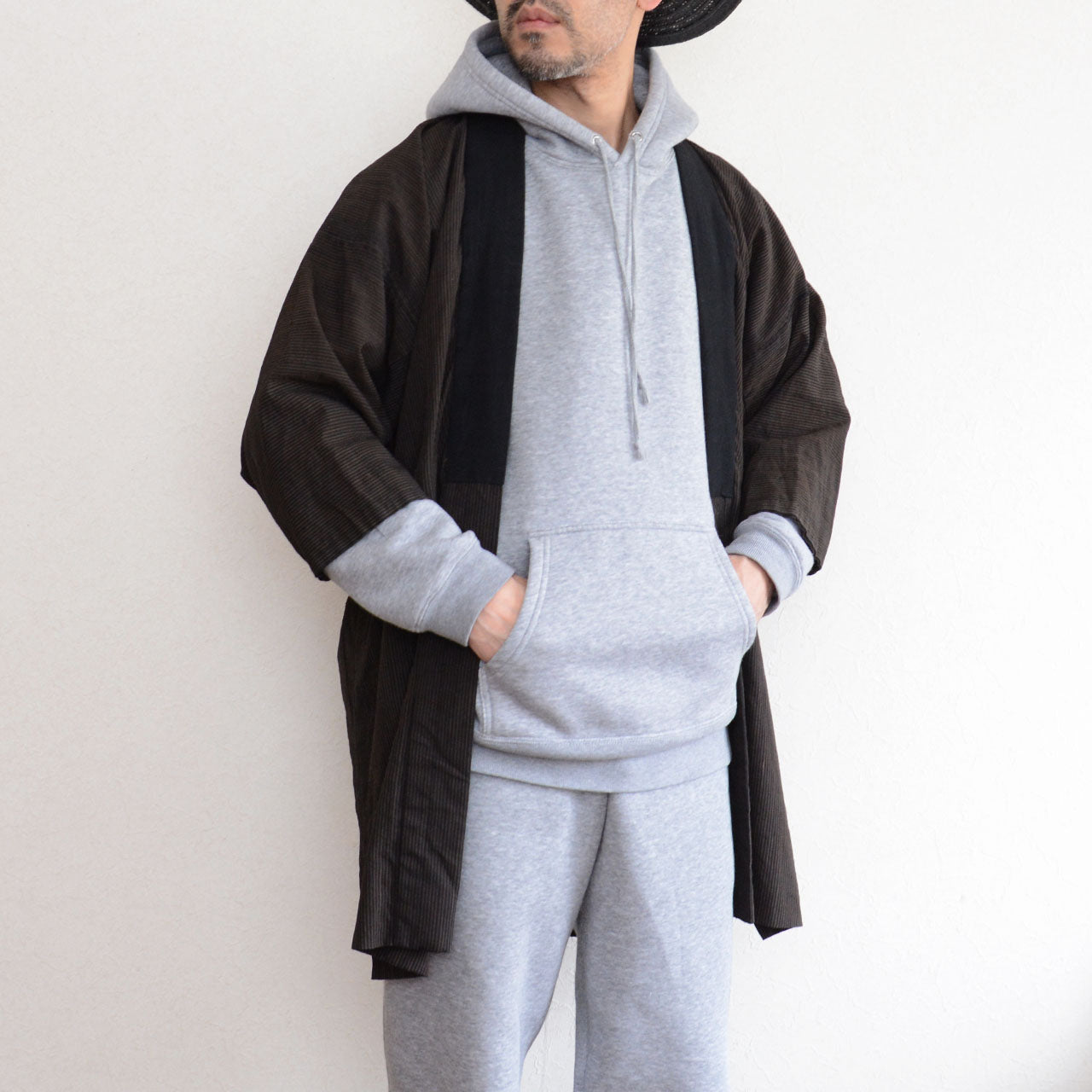 Japanese vintage noragi garment worn by a model