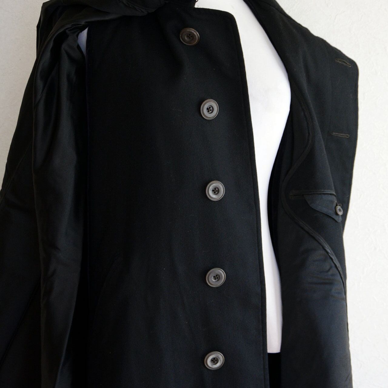 Buttons on black wool tonbi mantle, Taisho–Early Showa Japan vintage