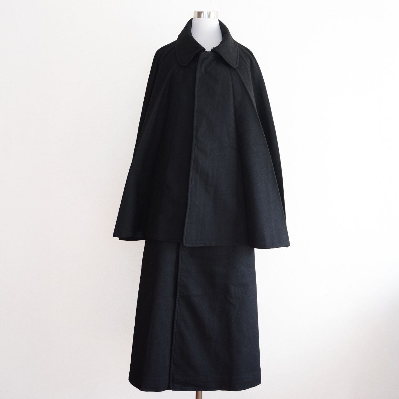 Black wool tonbi mantle on dress form, full silhouette, Taisho–Early Showa Japan vintage