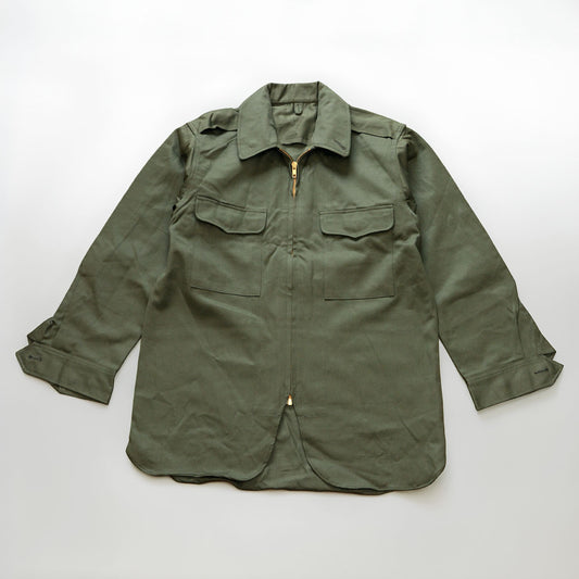 Deadstock JGSDF Type 65 work jacket, olive drab cotton-vinylon, front view, laid flat