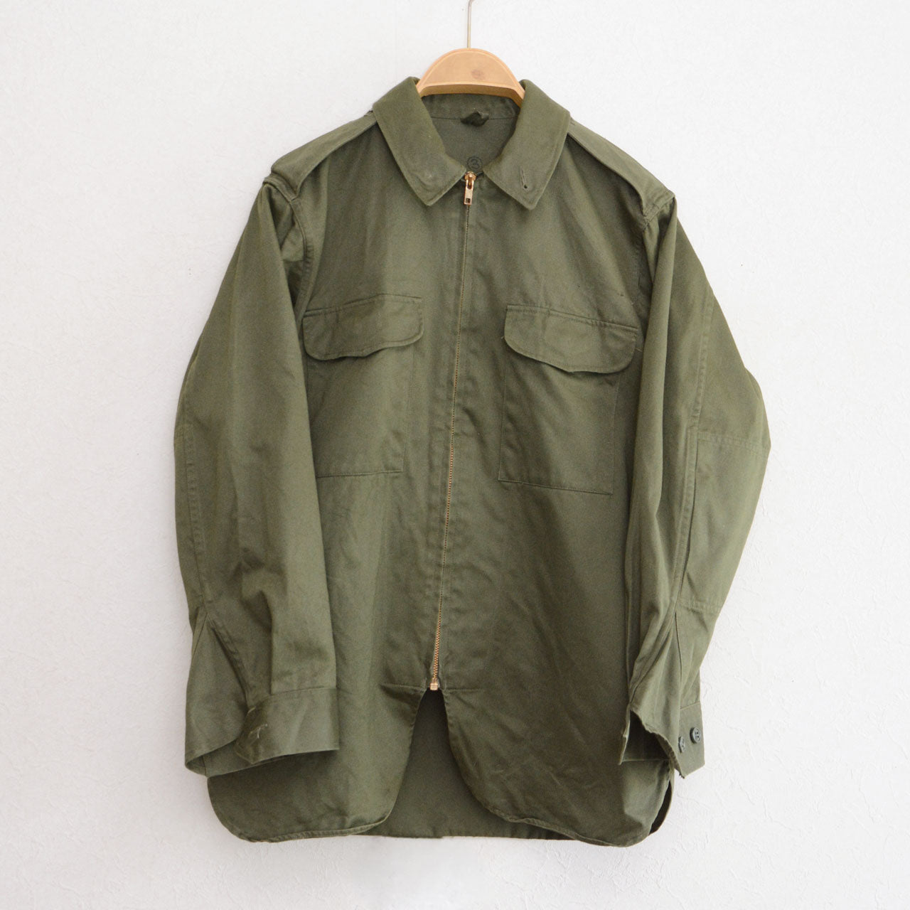 JGSDF Type 65 work jacket, used, olive drab cotton-vinylon, front, on hanger