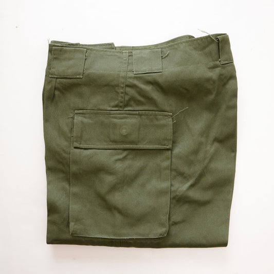 Deadstock JGSDF Type 65 Work Pants, cotton-vinylon OD, folded, 1980s–90s Japan vintage military