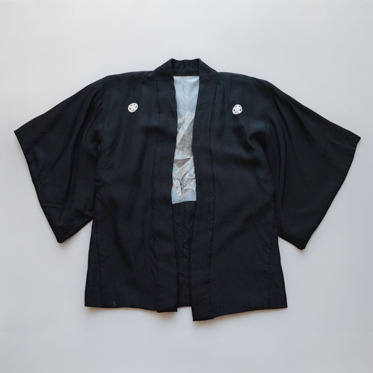 Vintage Japanese Haori Jacket — Black Silk, Five-Crest Montsuki, Iro-Ura Lining, Showa Era