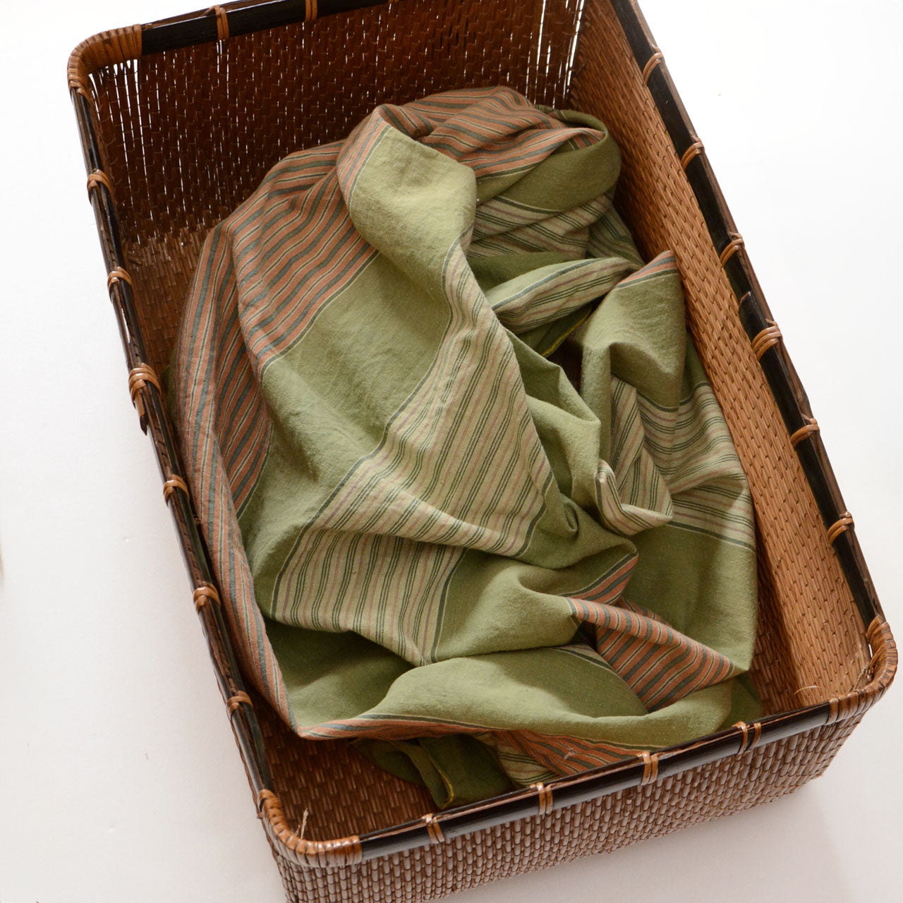 Vintage Japanese furoshiki cloth with green stripes, mid-20th century cotton fabric