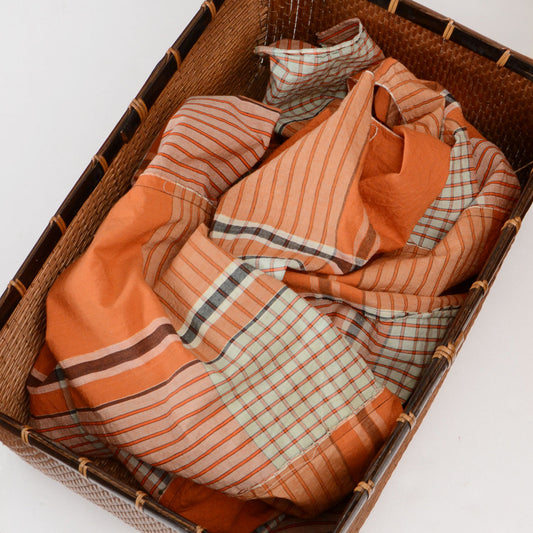 Vintage Japanese cotton fabric from the Showa era with orange plaid pattern