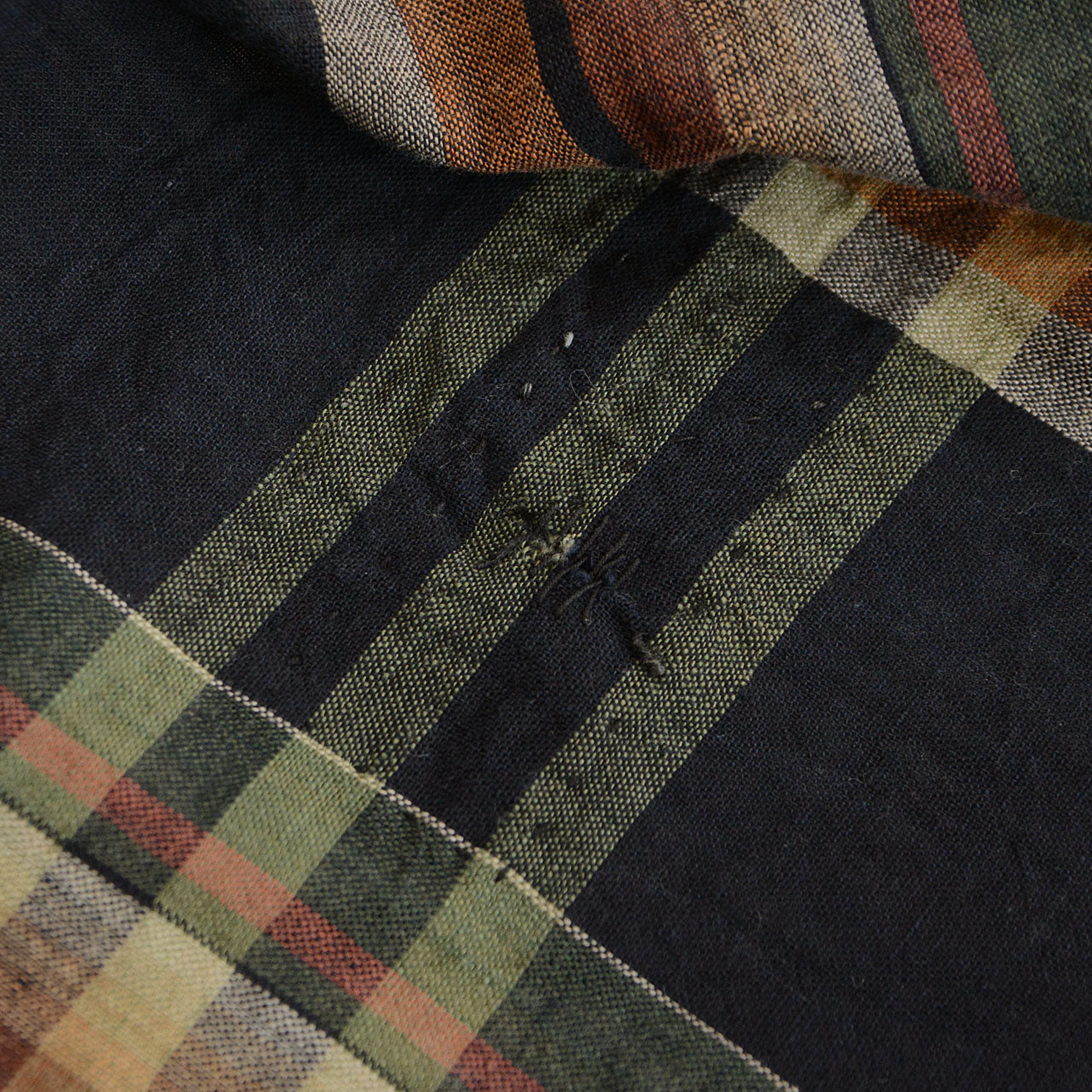 Vintage Boro fabric with calm black-check design and aged character.