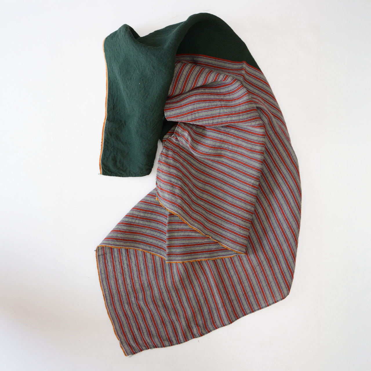 Furoshiki wrapping cloth with green solid and striped two-tone design, vintage Japanese cotton fabric