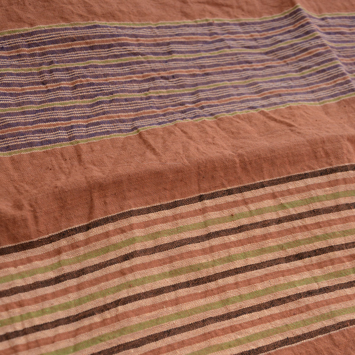 Mid-Showa furoshiki cotton weave with rust, purple, cream, pale green and dark brown stripes