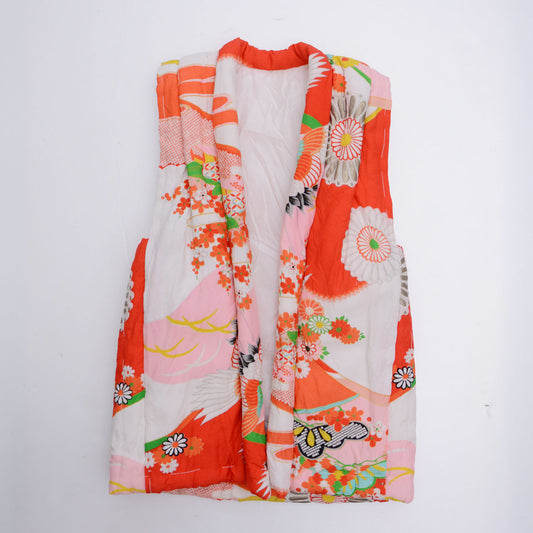 Sleeveless padded hanten vest, cotton outer, auspicious pattern in vermillion red, pink, white and green, children's size, Showa era Japan Vintage