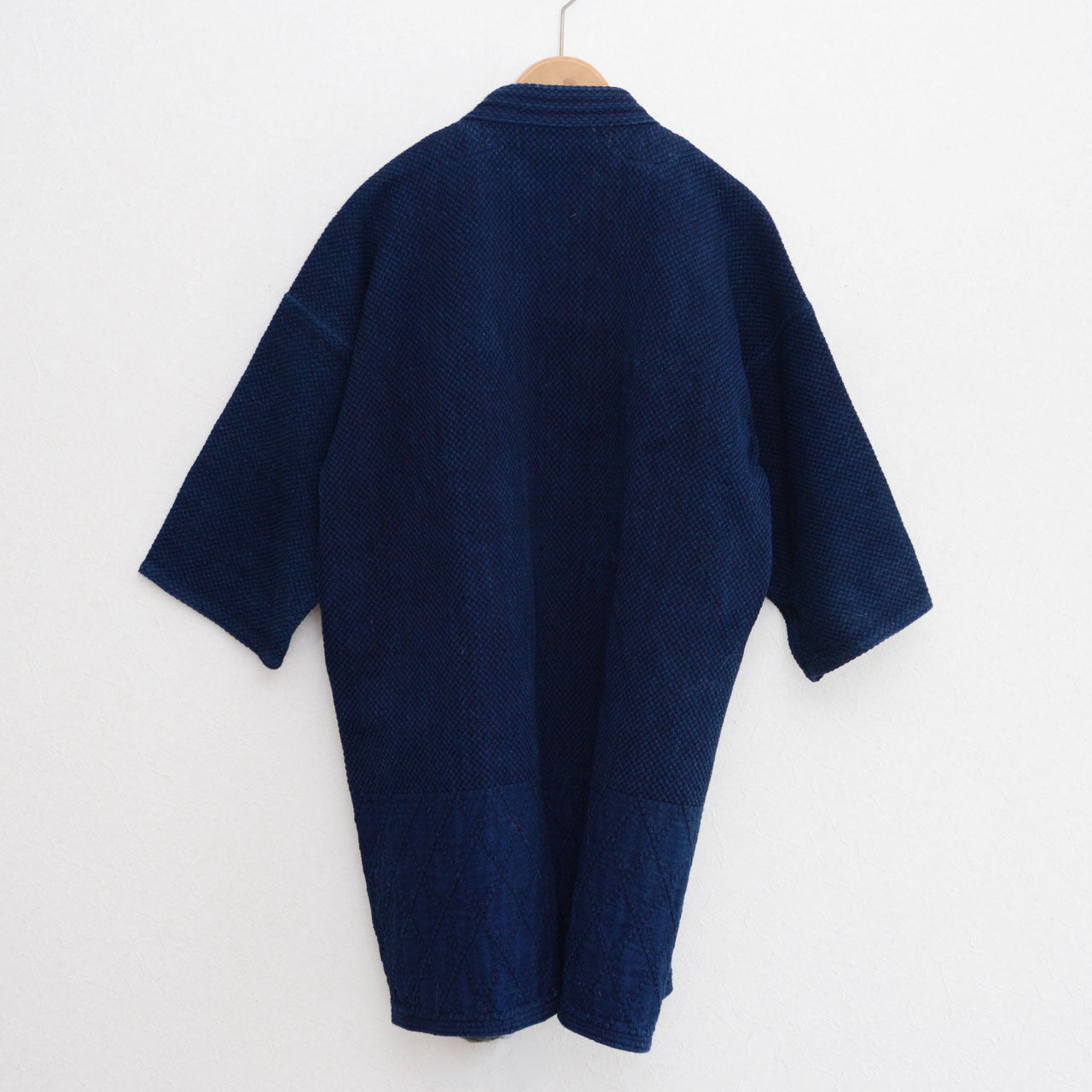Indigo kendo gi with bold gold kanji embroidery, 100% cotton, made in Japan