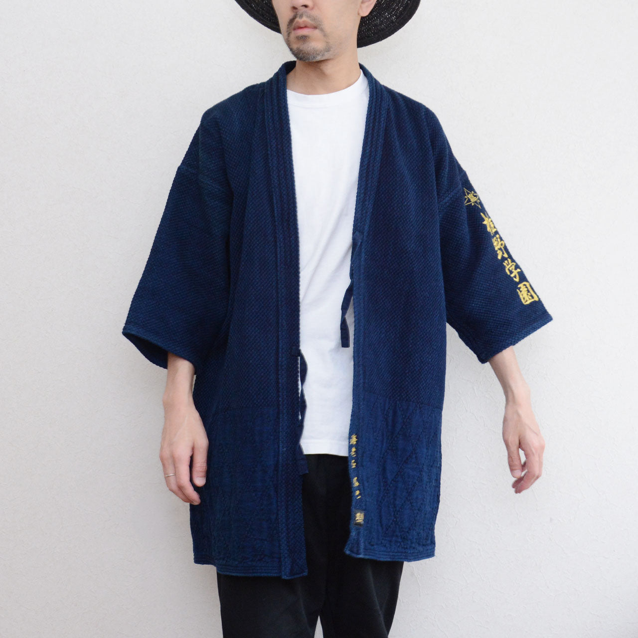 Japanese kendo gi, deep indigo double weave, gold kanji embroidery, 100% cotton vintage