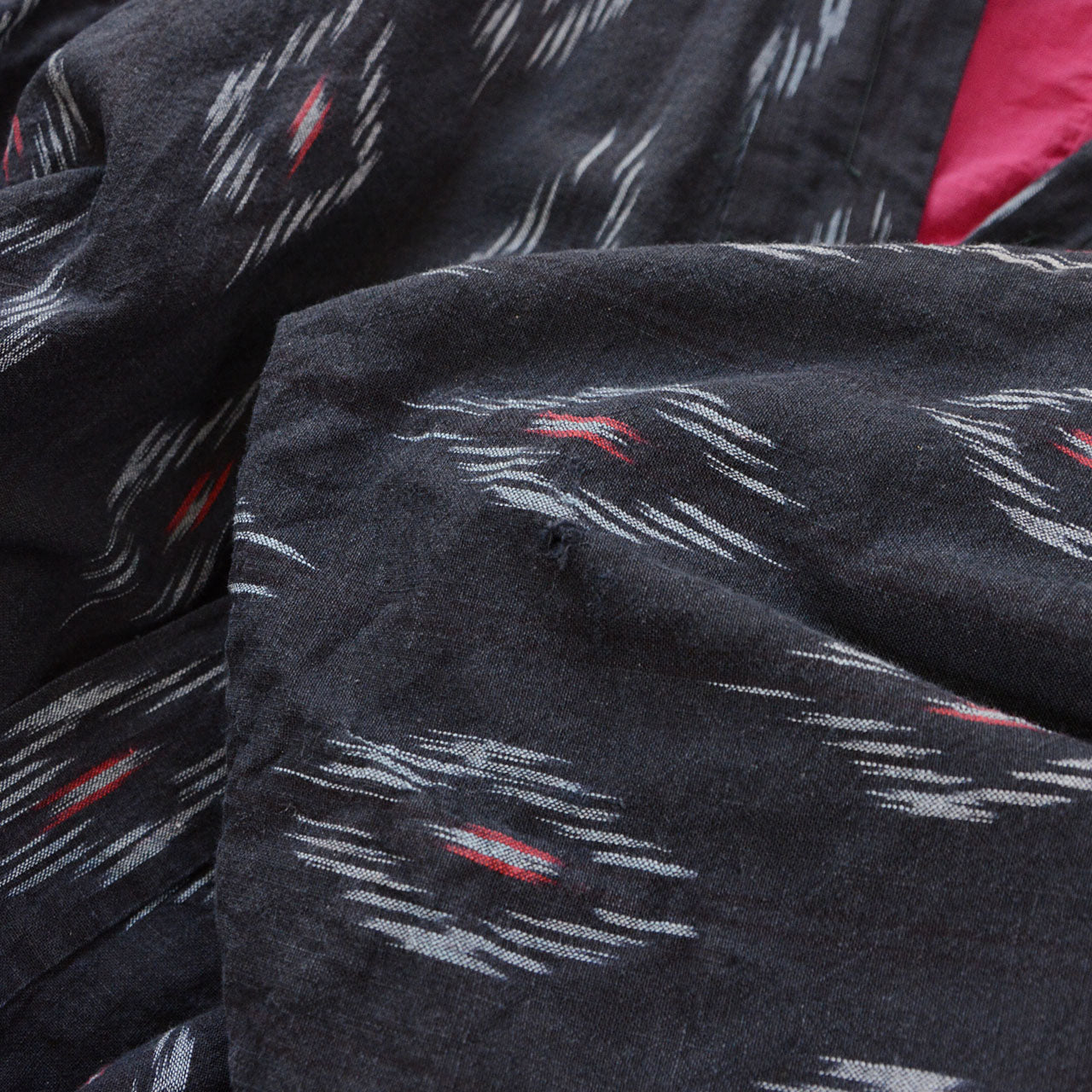 Showa era Japanese work jacket, black faded cotton, diamond kasuri ikat, Japan vintage textile