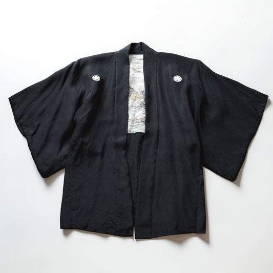 Black vintage Japanese haori with five family crests on white background