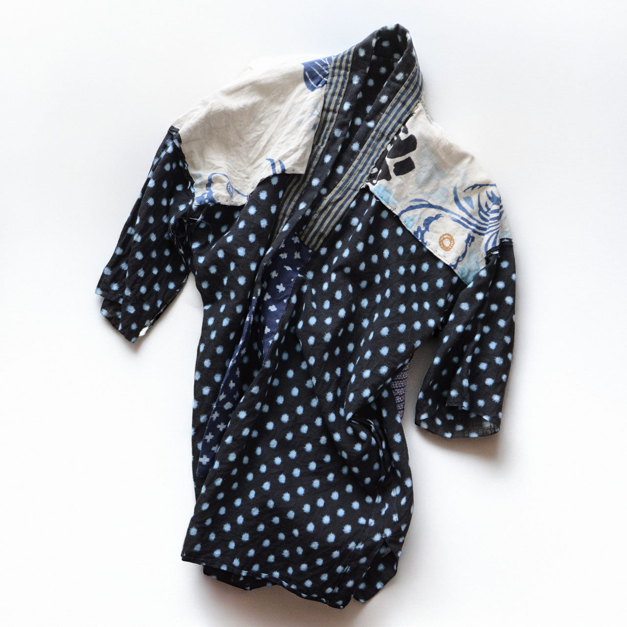 Showa period Japanese noragi cotton garment with kasuri patterned fabrics