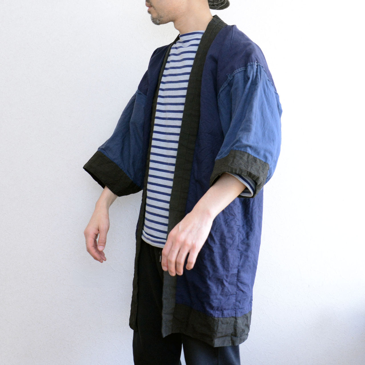 Vintage Japanese noragi, stripe cotton, crazy pattern, Showa era Japan