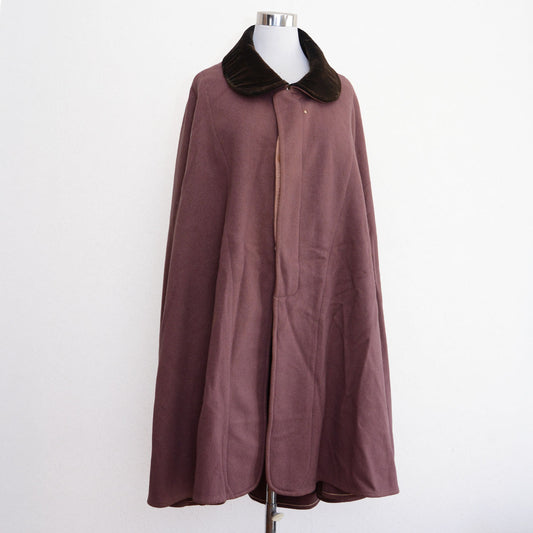 Japanese vintage wool cape with black velvet round collar, mauve color, mid-Showa era, full-length flared silhouette, no hood, fully lined