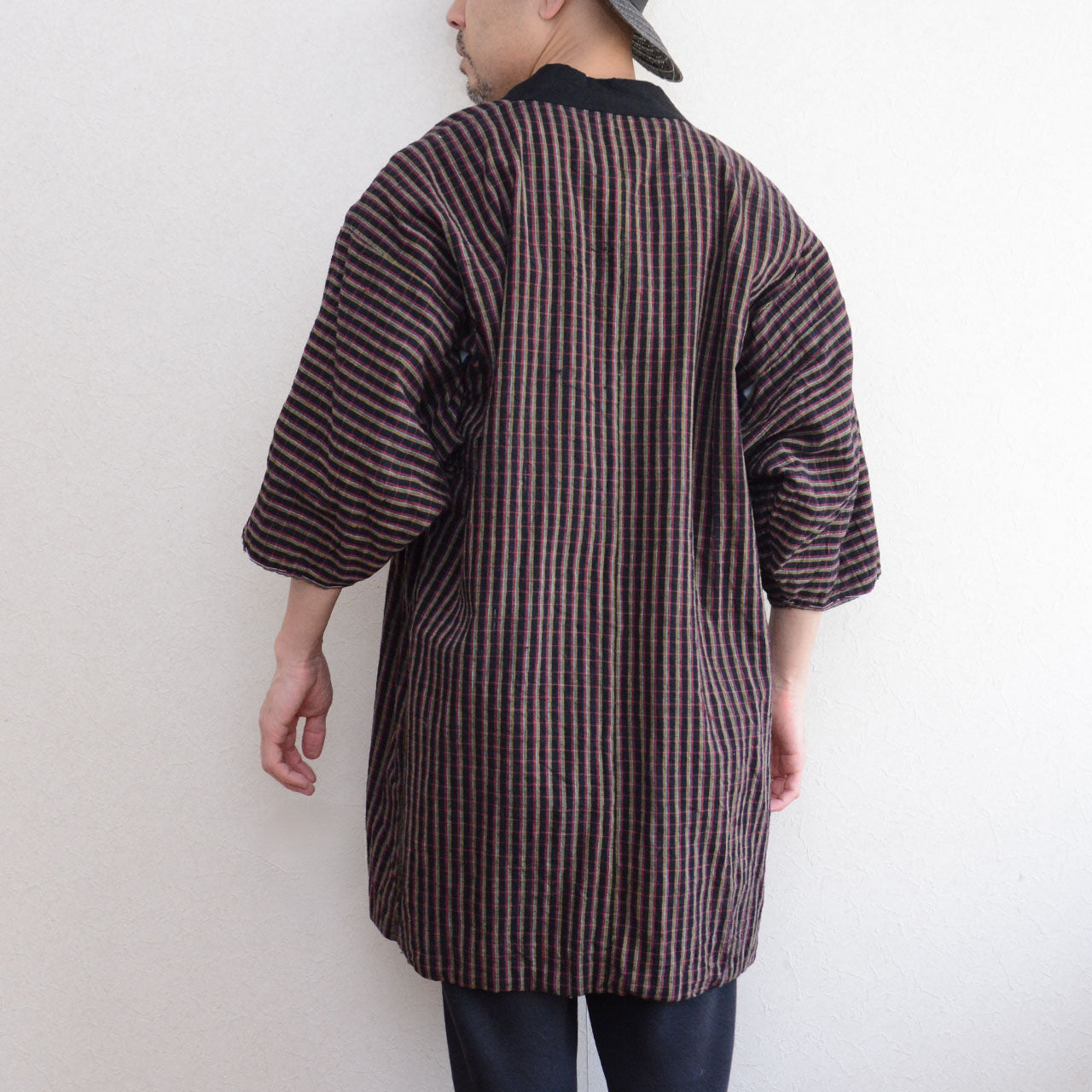 Japanese vintage noragi in aged plaid cotton fabric
